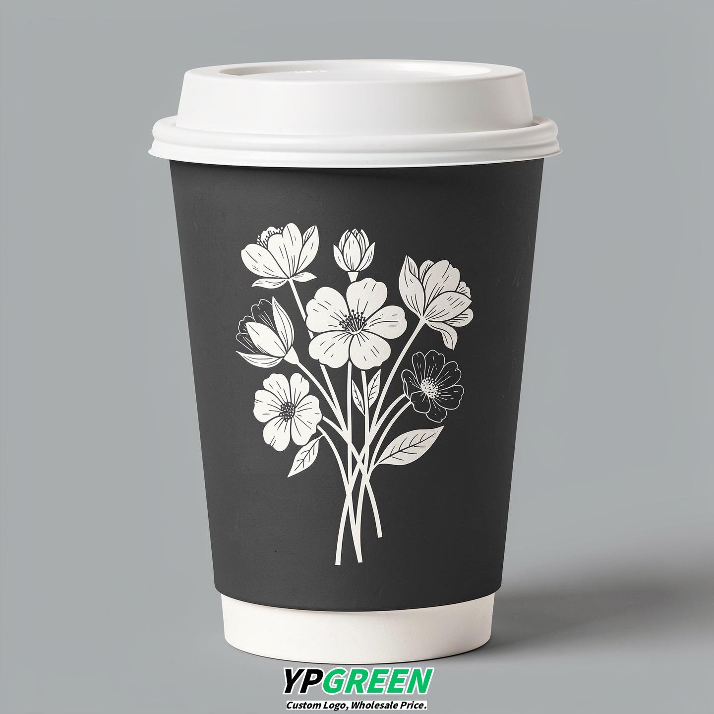 Charcoal Floral Paper Cups with Lids 8-24oz
