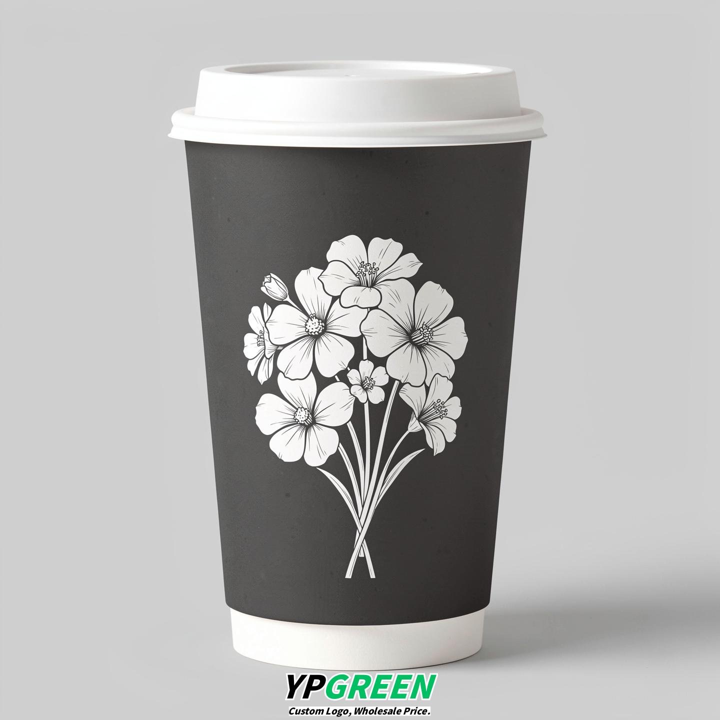 Charcoal Floral Paper Cups with Lids 8-24oz