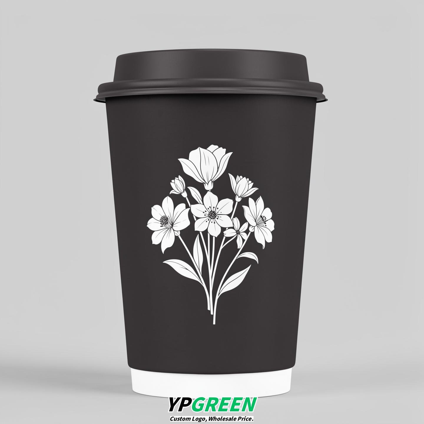 Charcoal Floral Paper Cups with Lids 8-24oz