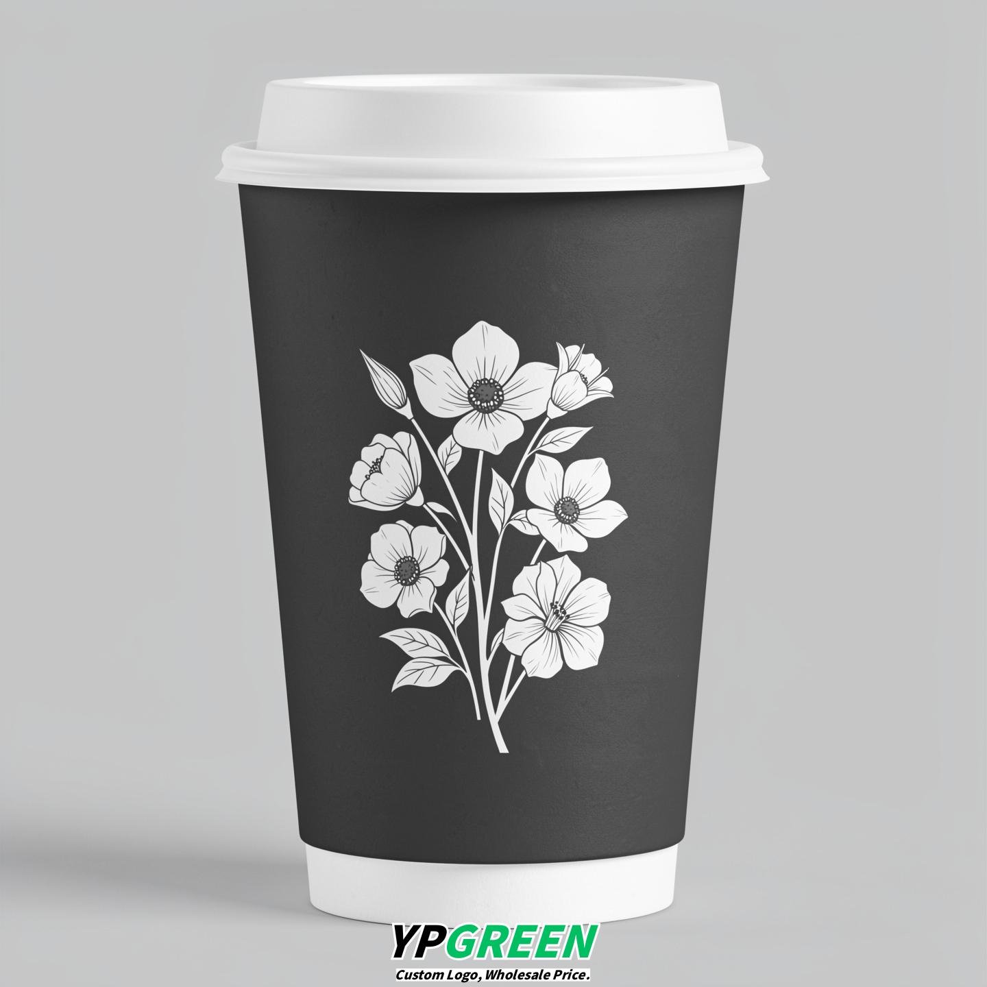 Charcoal Floral Paper Cups with Lids 8-24oz