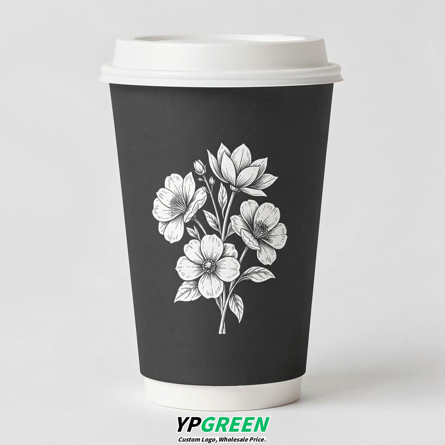 Charcoal Floral Paper Cups with Lids 8-24oz