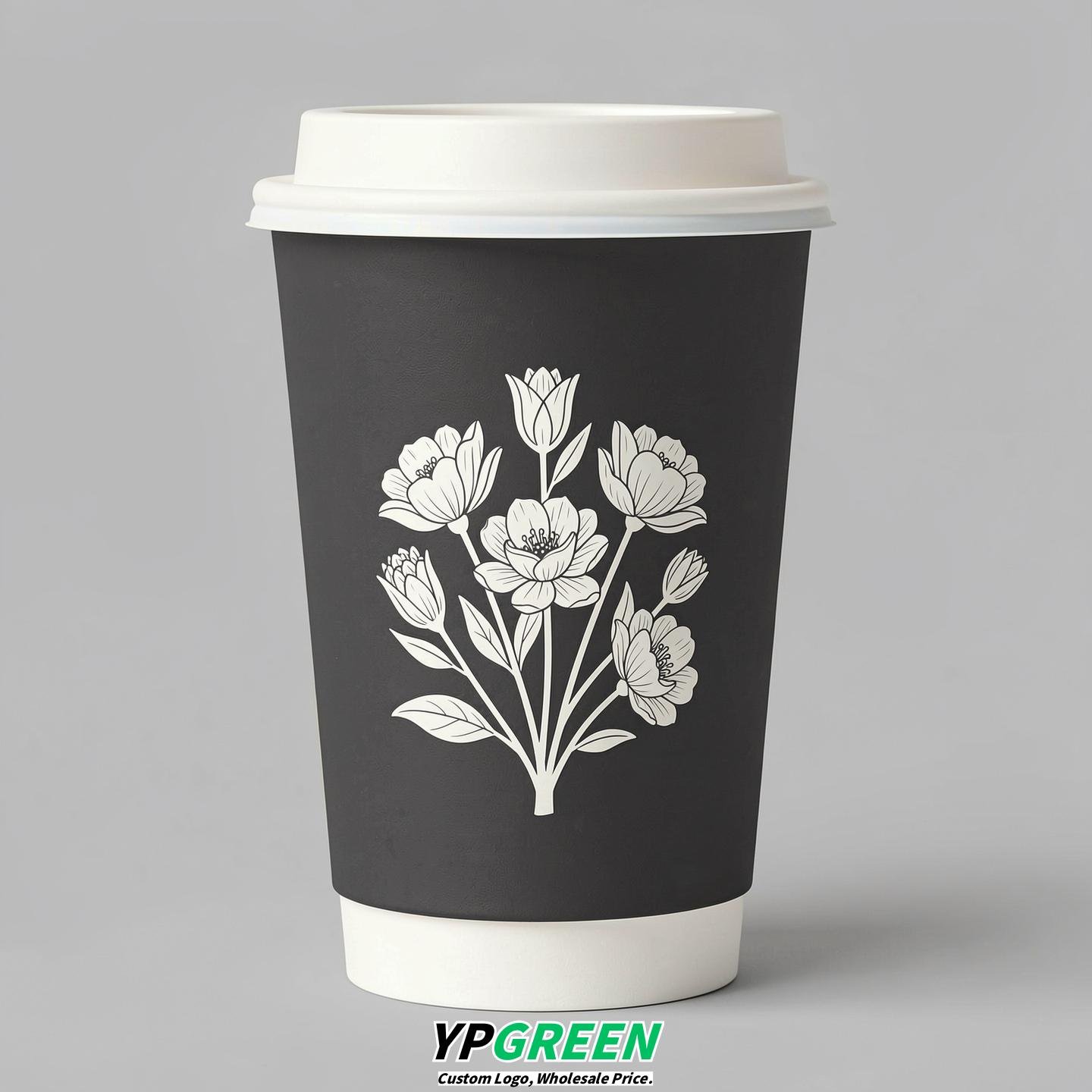 Charcoal Floral Paper Cups with Lids 8-24oz