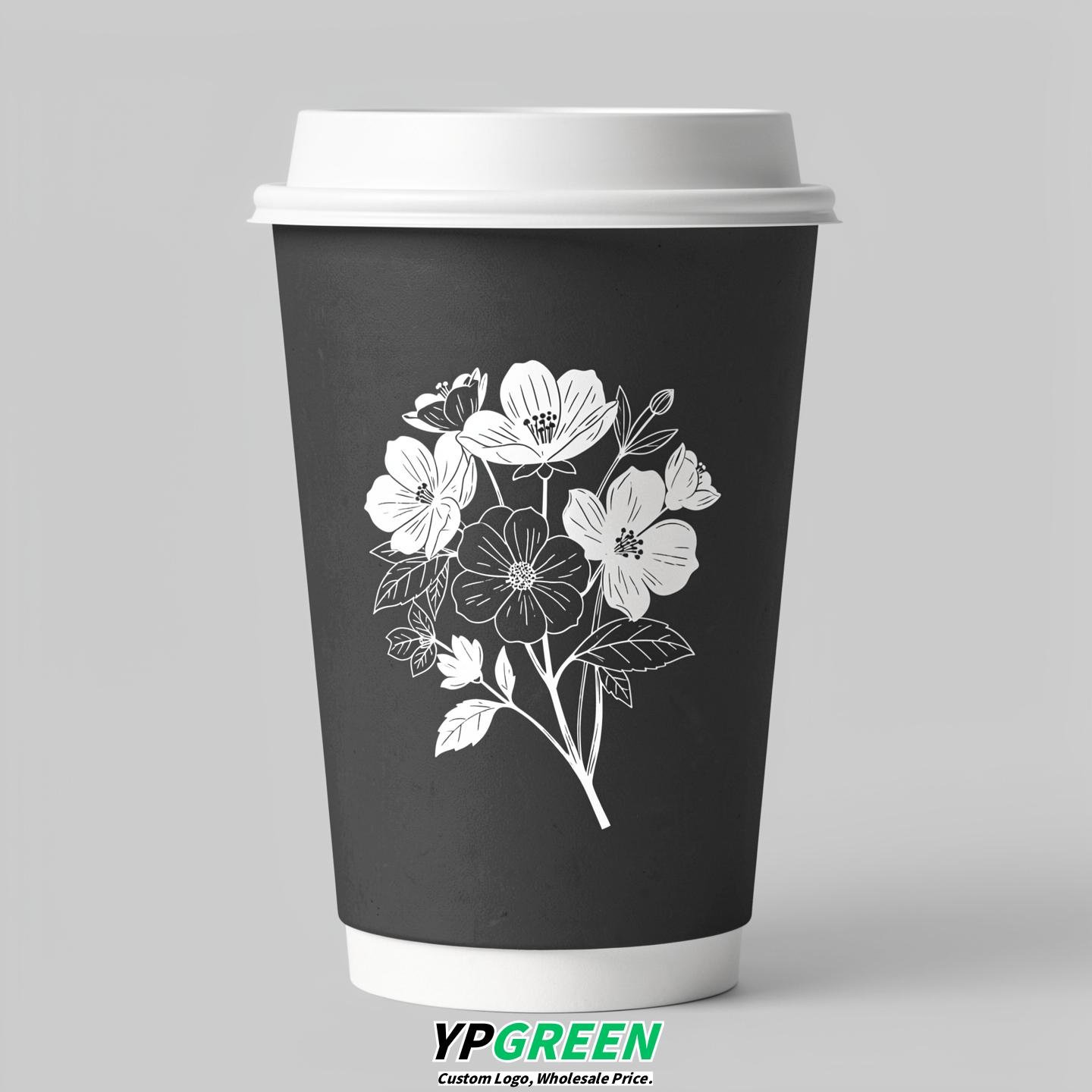 Charcoal Floral Paper Cups with Lids 8-24oz