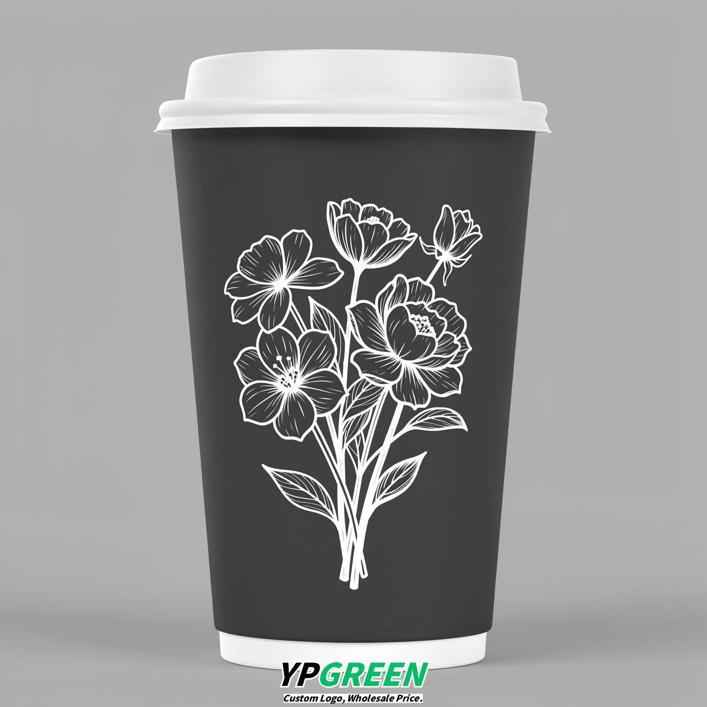 Charcoal Floral Paper Cups with Lids 8-24oz