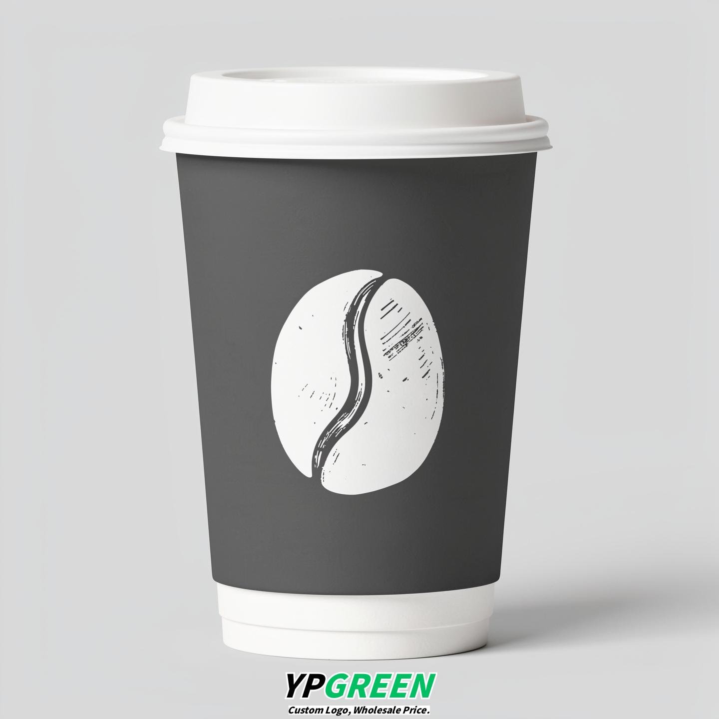 Charcoal Paper Coffee Cups with Coffee Bean Logo & Lids | 12-16oz