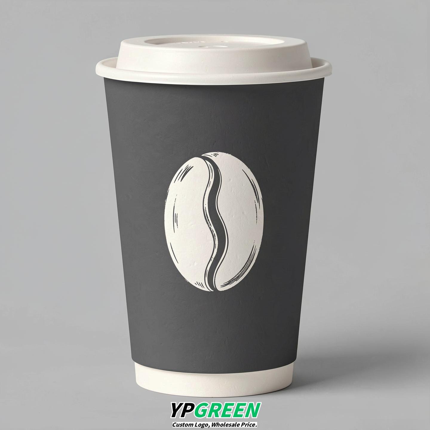 Charcoal Paper Coffee Cups with Coffee Bean Logo & Lids | 12-16oz