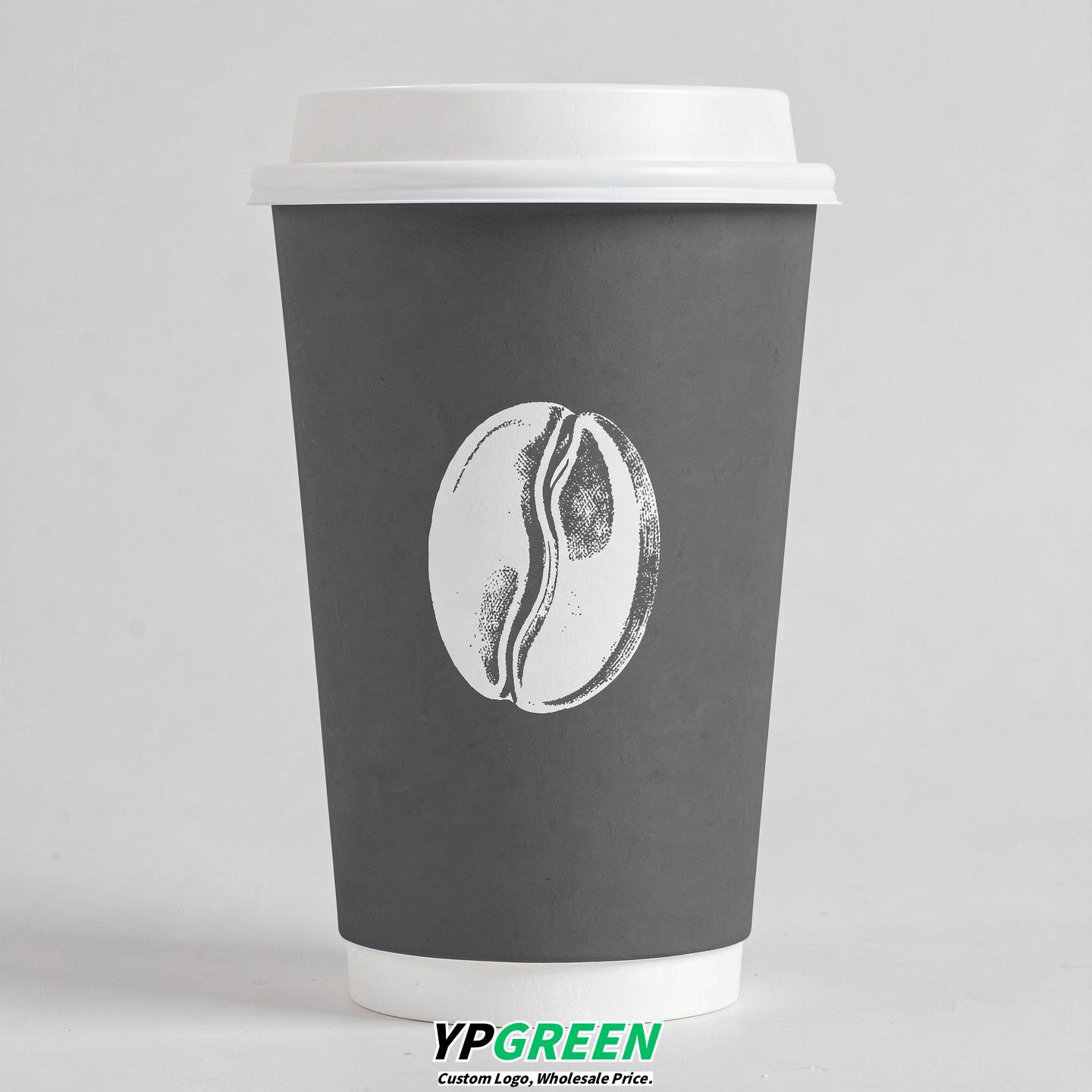 Charcoal Paper Coffee Cups with Coffee Bean Logo & Lids | 12-16oz
