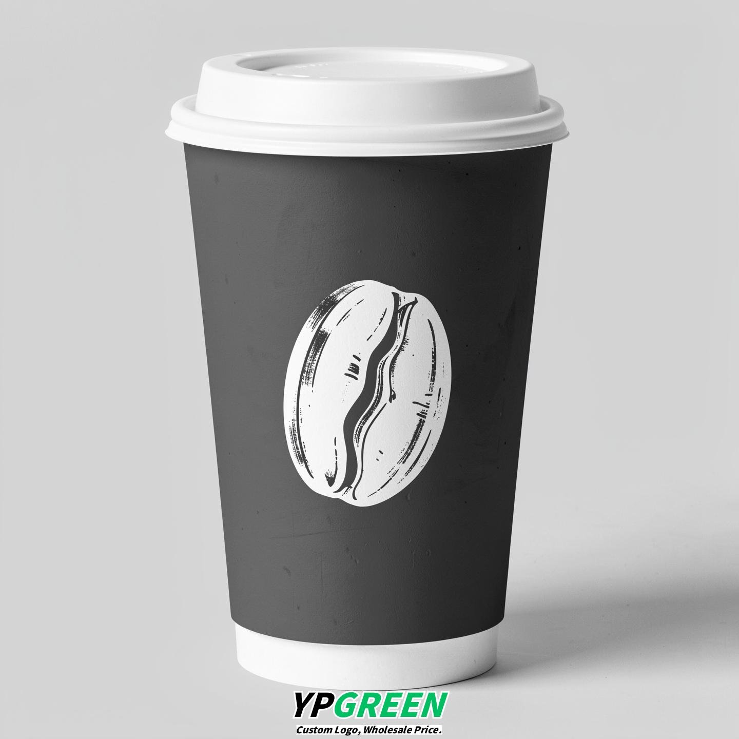 Charcoal Paper Coffee Cups with Coffee Bean Logo & Lids | 12-16oz