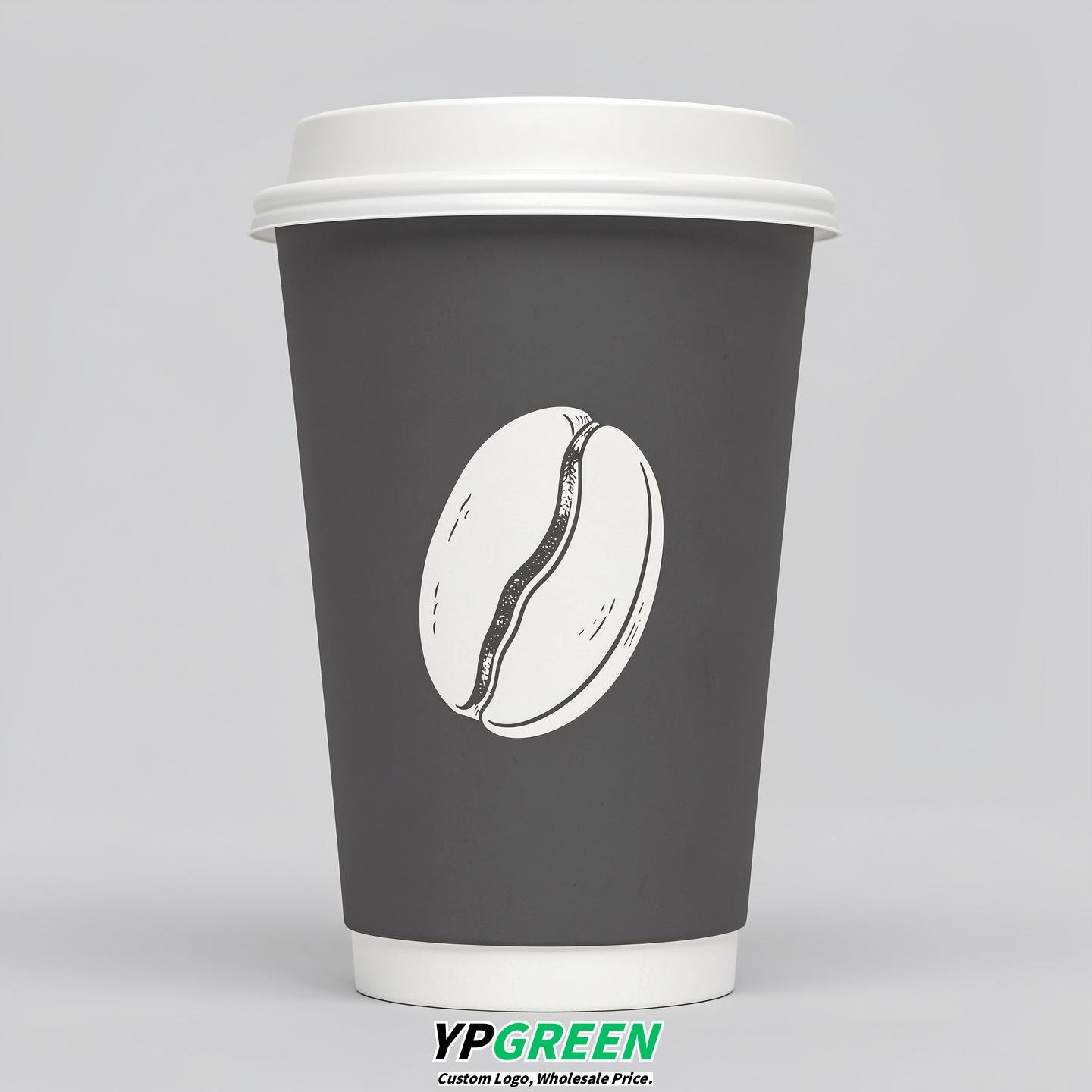 Charcoal Paper Coffee Cups with Coffee Bean Logo & Lids | 12-16oz