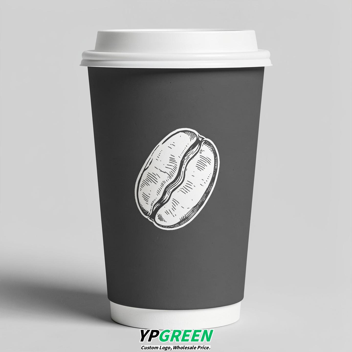 Charcoal Paper Coffee Cups with Coffee Bean Logo & Lids | 12-16oz