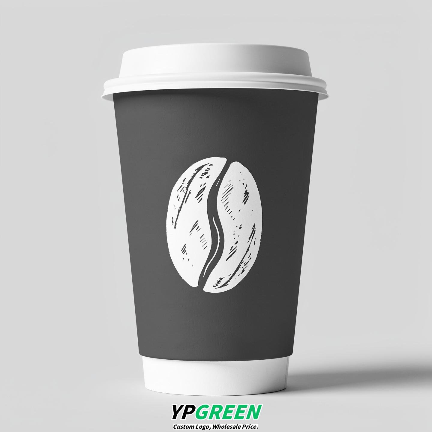 Charcoal Paper Coffee Cups with Coffee Bean Logo & Lids | 12-16oz