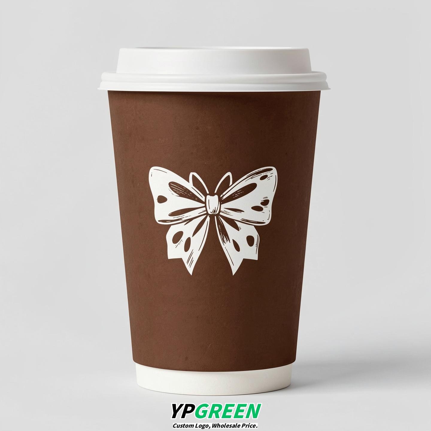 Chocolate Paper Cups with Bow Logo & Lids 8-24oz