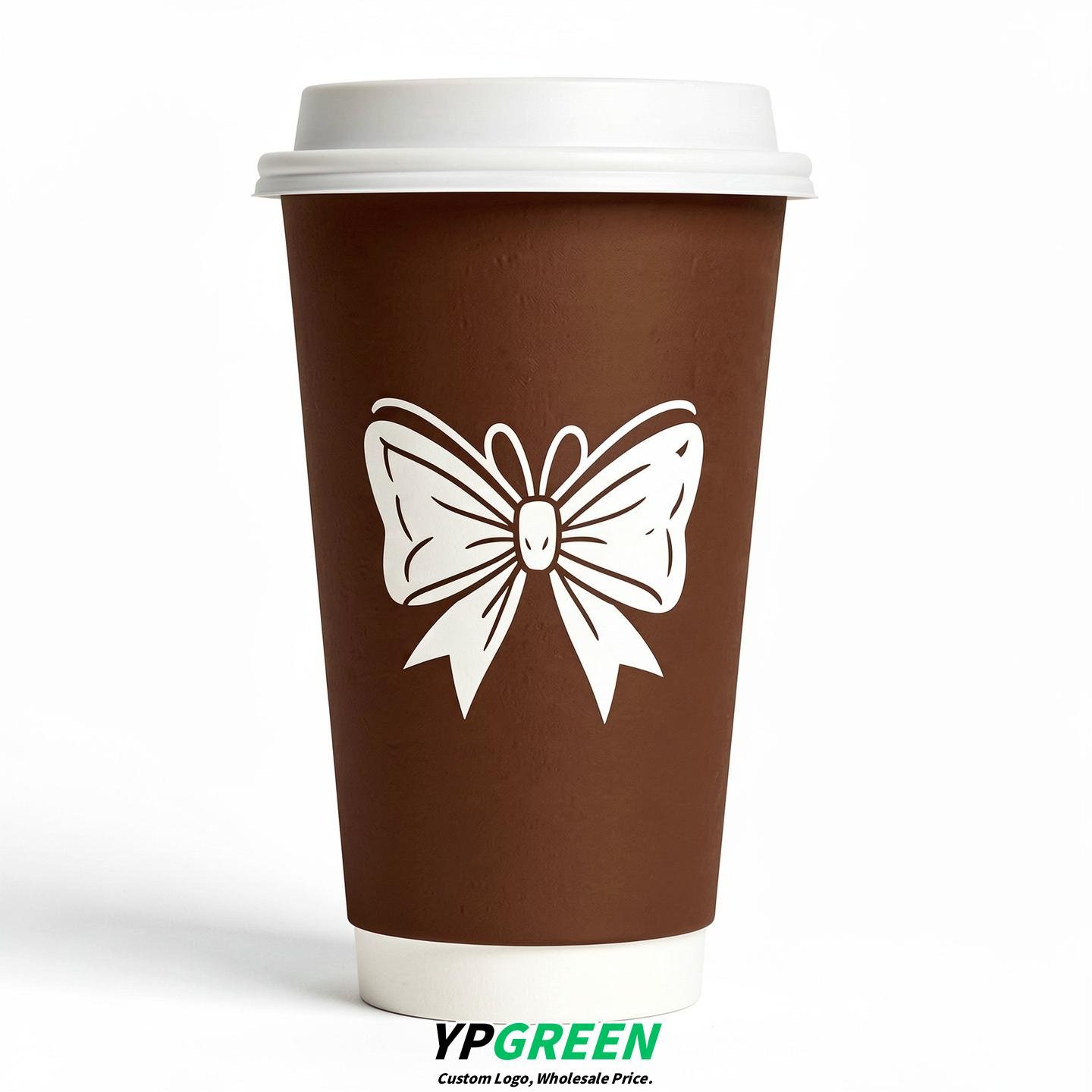 Chocolate Paper Cups with Bow Logo & Lids 8-24oz