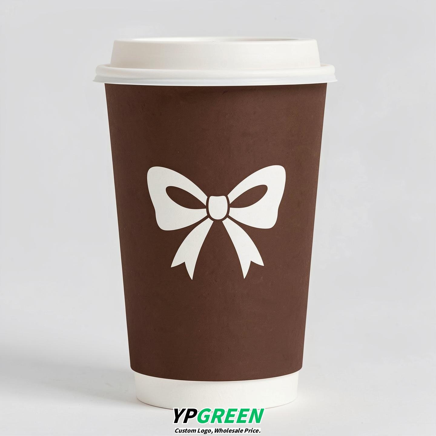 Chocolate Paper Cups with Bow Logo & Lids 8-24oz