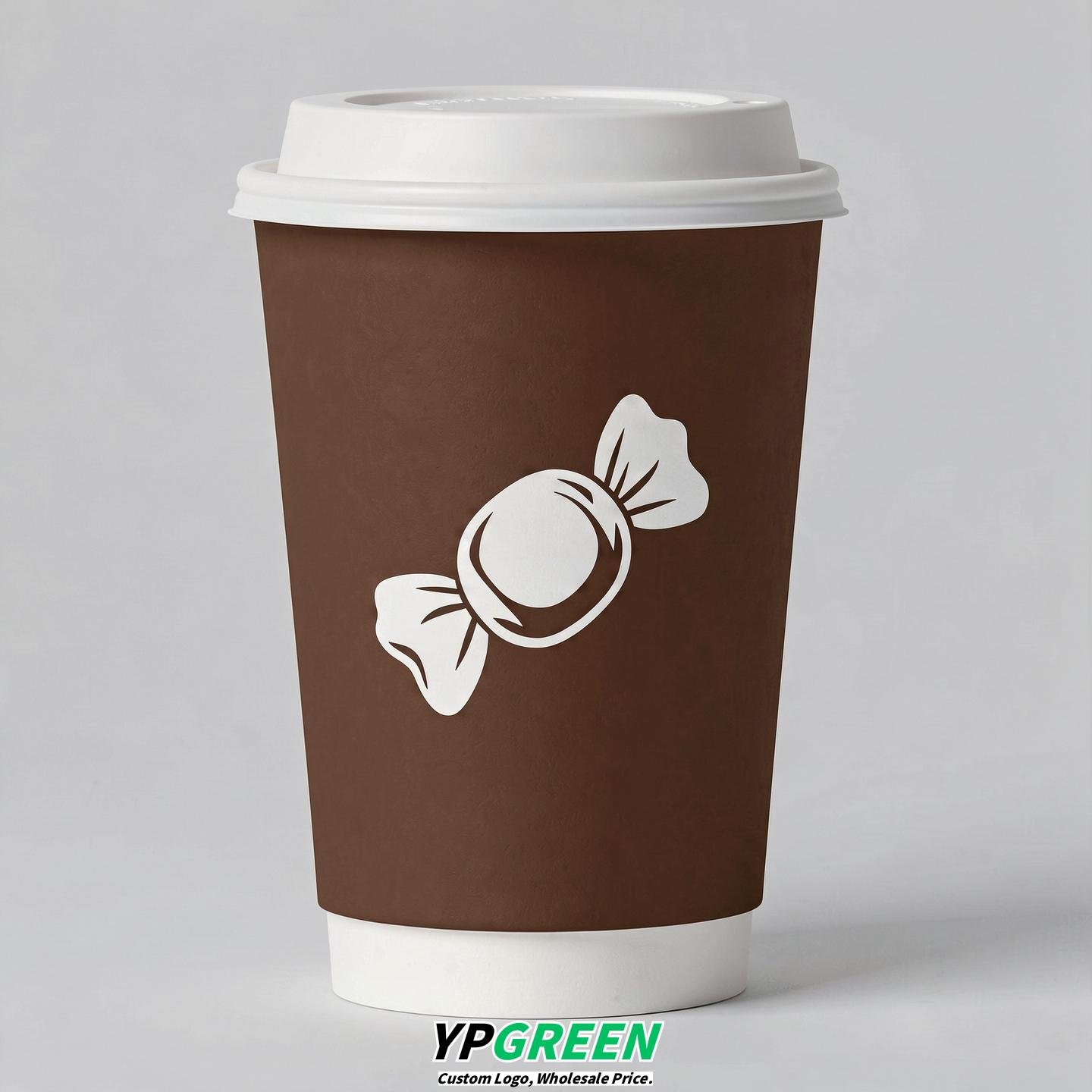 Chocolate Paper Cups with Candy Logo & Lids 8-24oz
