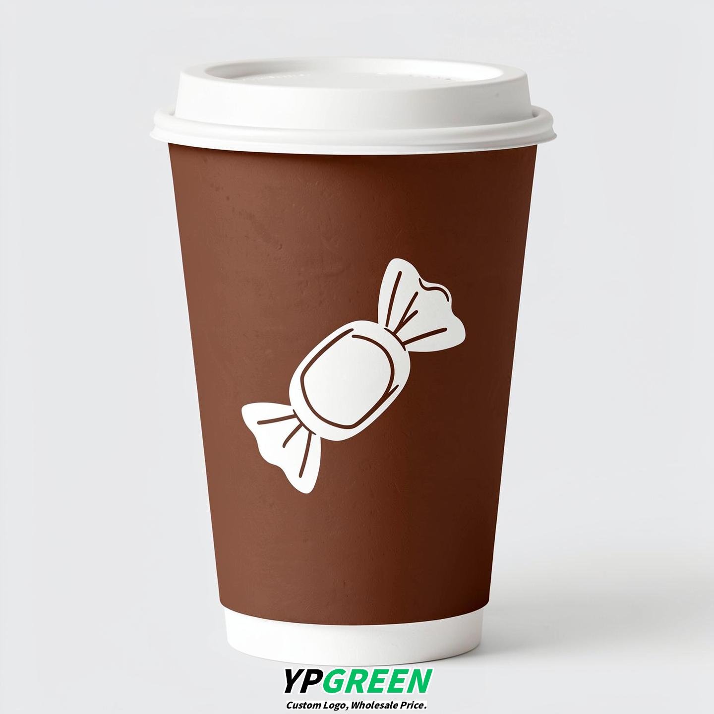 Chocolate Paper Cups with Candy Logo & Lids 8-24oz
