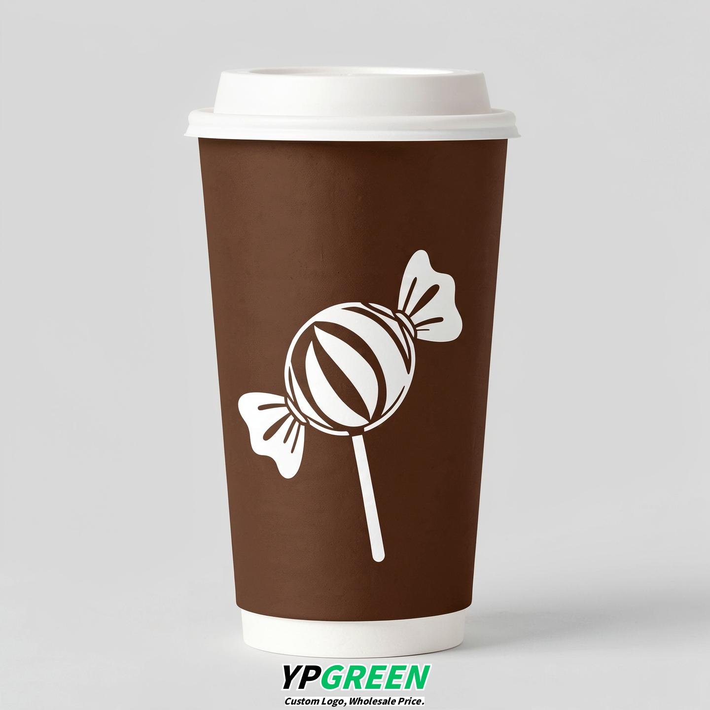 Chocolate Paper Cups with Candy Logo & Lids 8-24oz