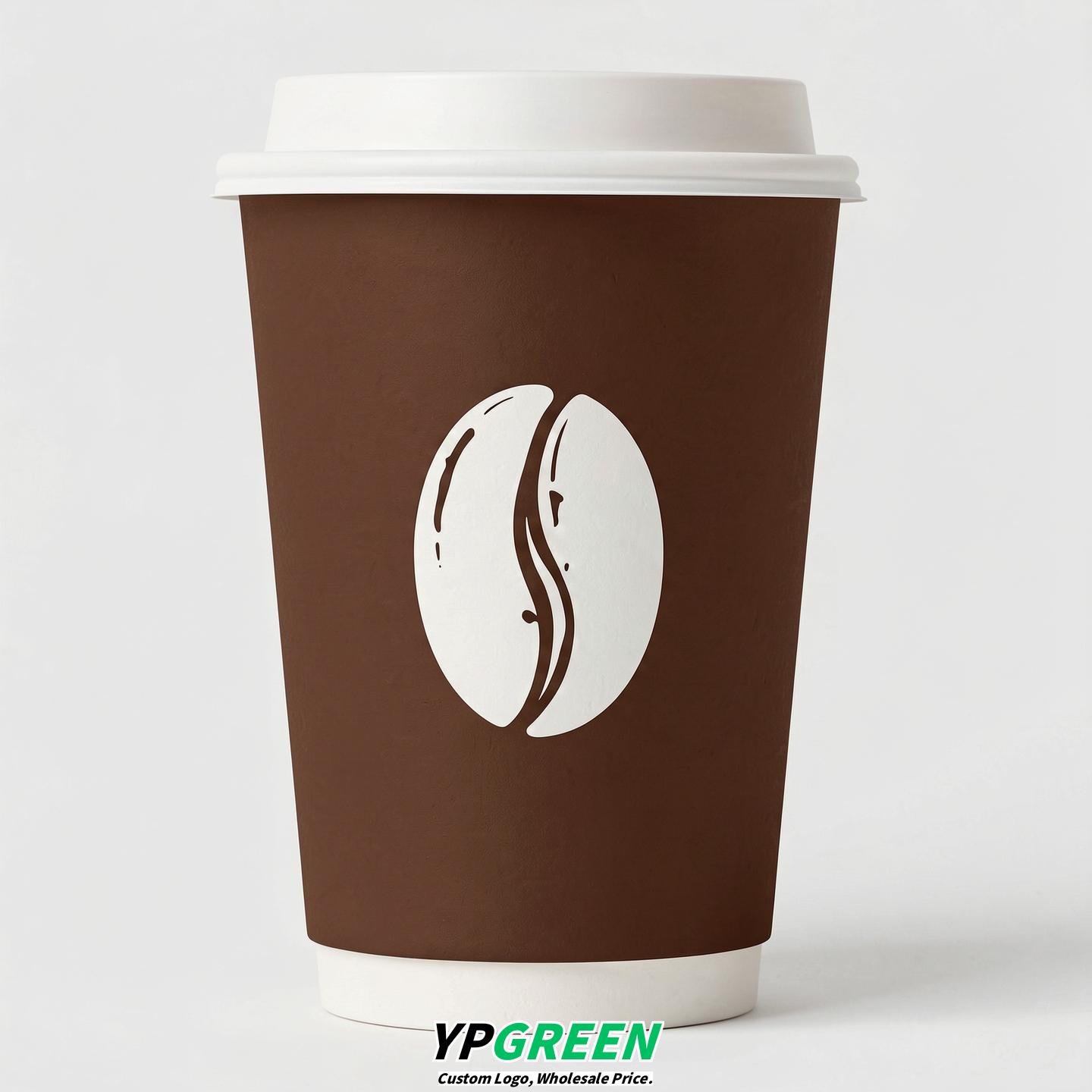 Chocolate Paper Cups with Coffee Bean Logo & Lids 8-24oz
