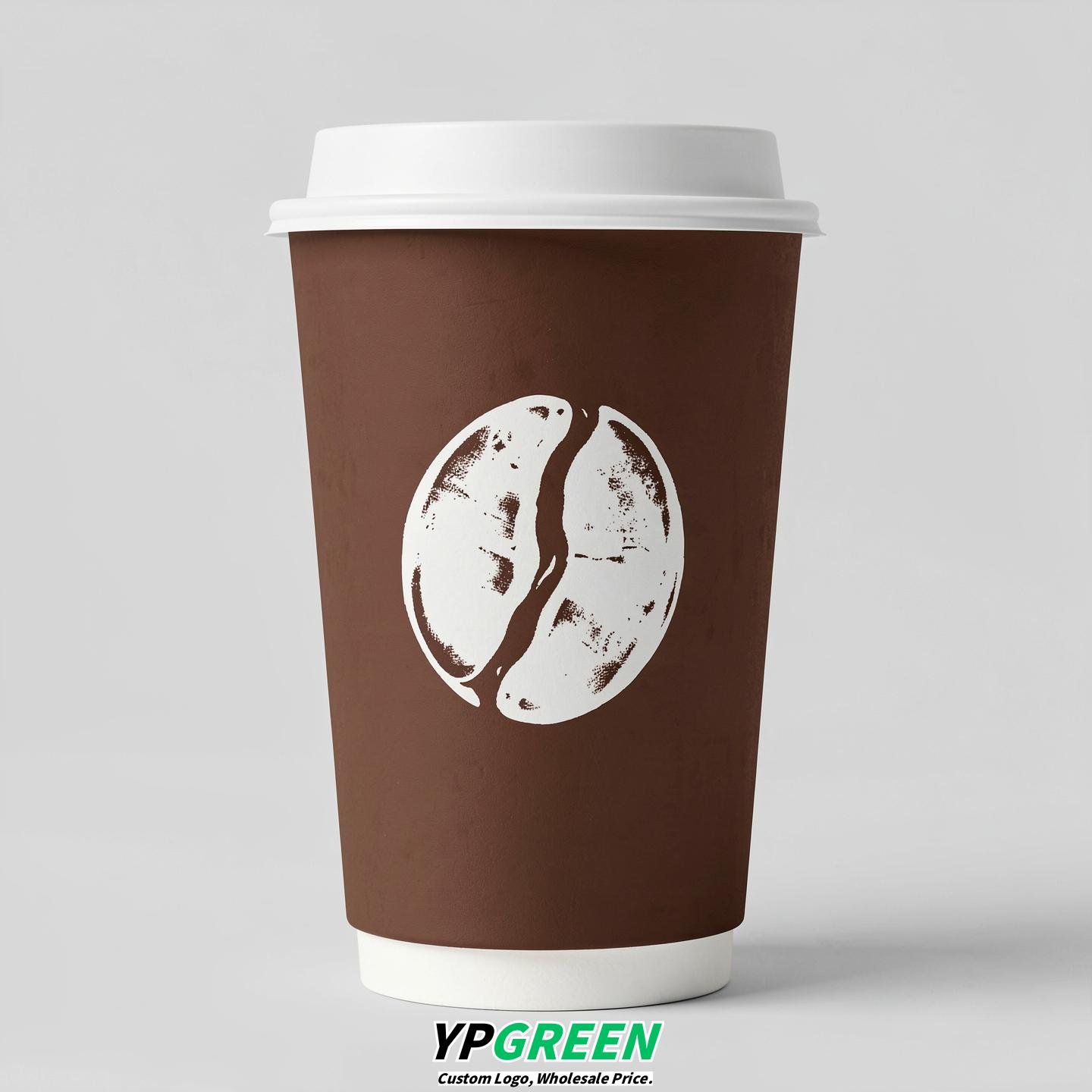 Chocolate Paper Cups with Coffee Bean Logo & Lids 8-24oz