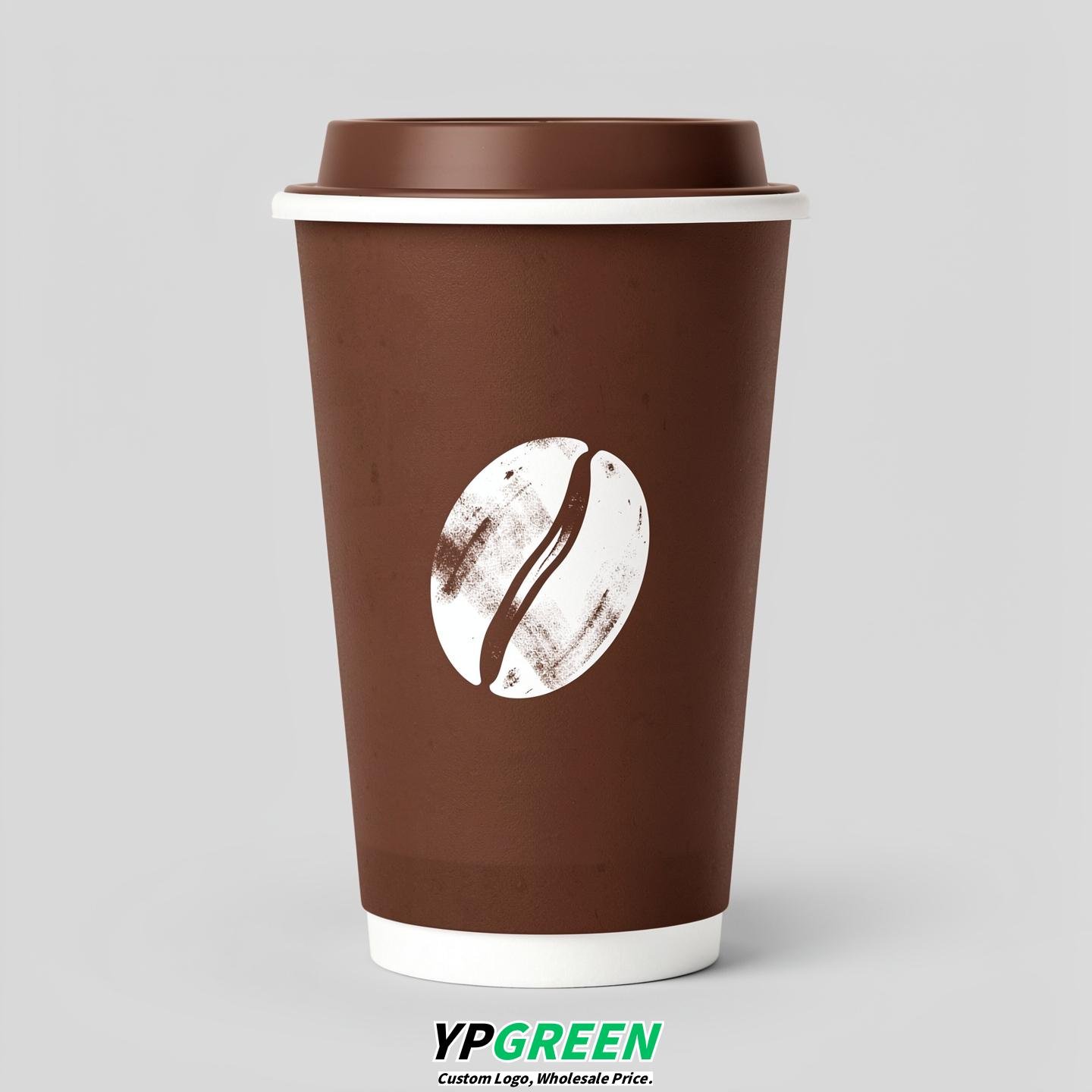 Chocolate Paper Cups with Coffee Bean Logo & Lids 8-24oz
