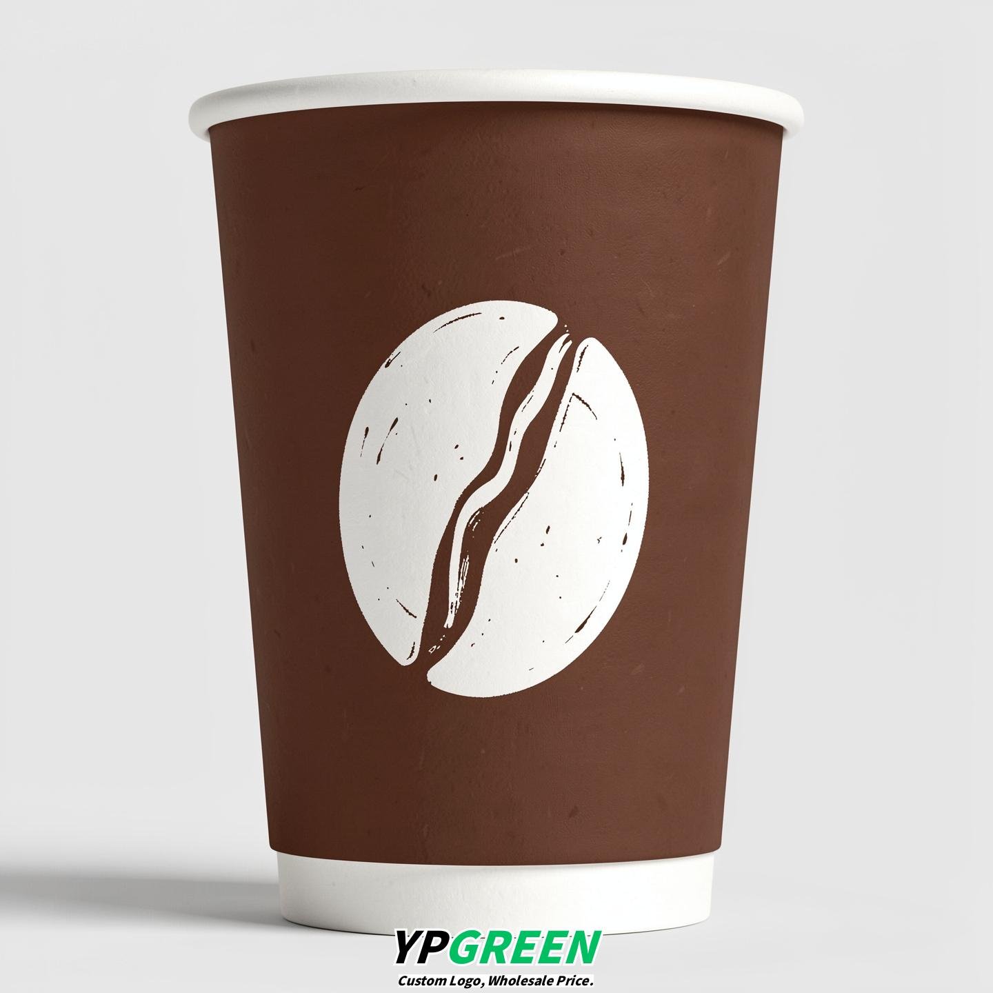 Chocolate Paper Cups with Coffee Bean Logo & Lids 8-24oz