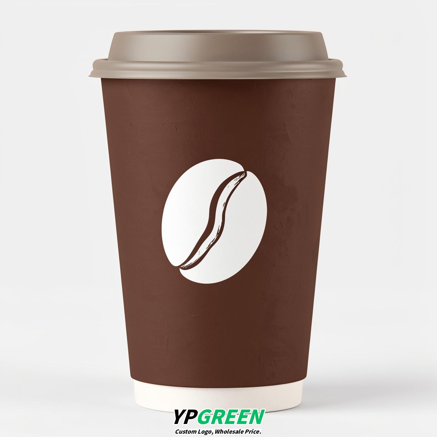 Chocolate Paper Cups with Coffee Bean Logo & Lids 8-24oz