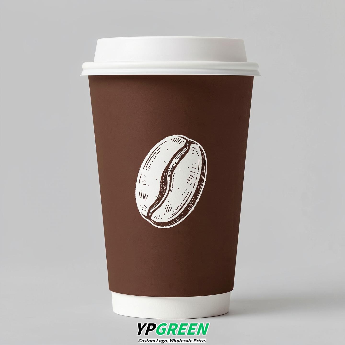 Chocolate Paper Cups with Coffee Bean Logo & Lids 8-24oz