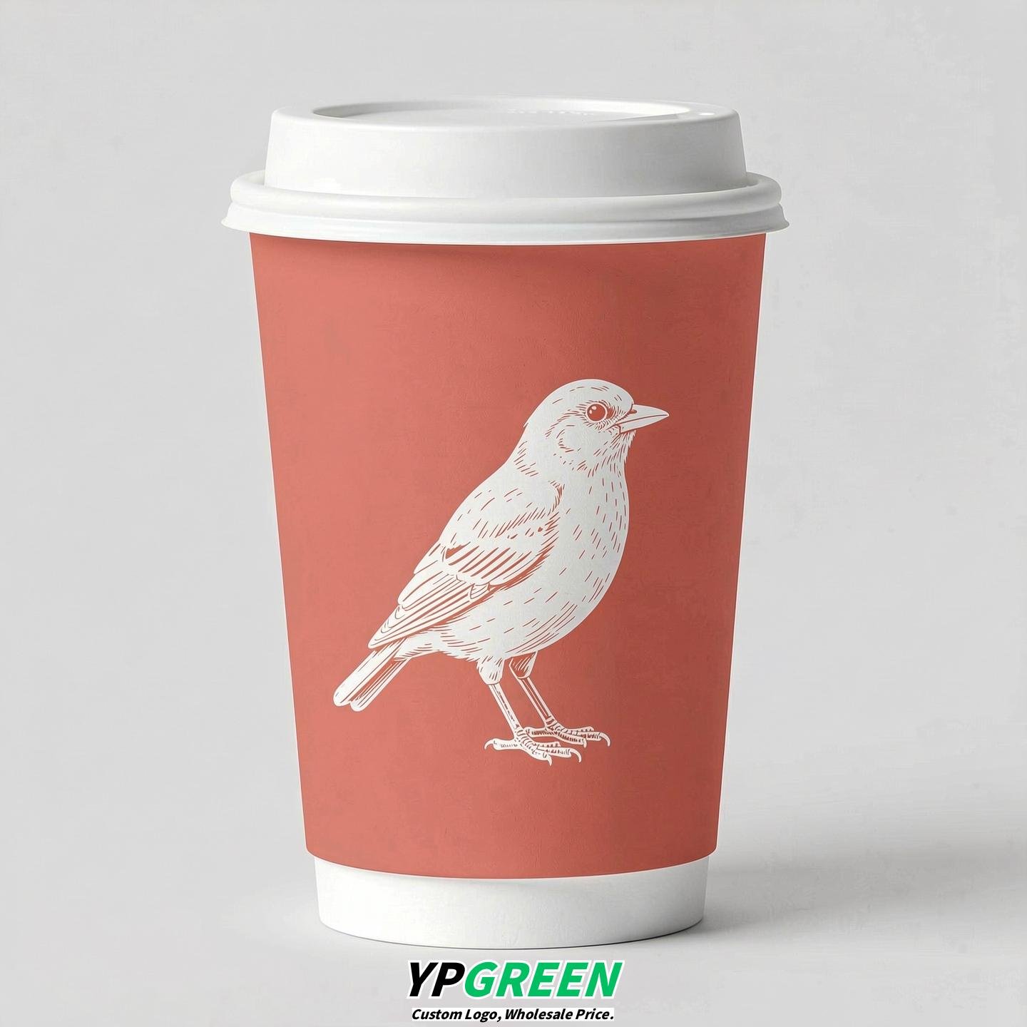 Coral Paper Cups with Bird Logo & Lids 8-24oz