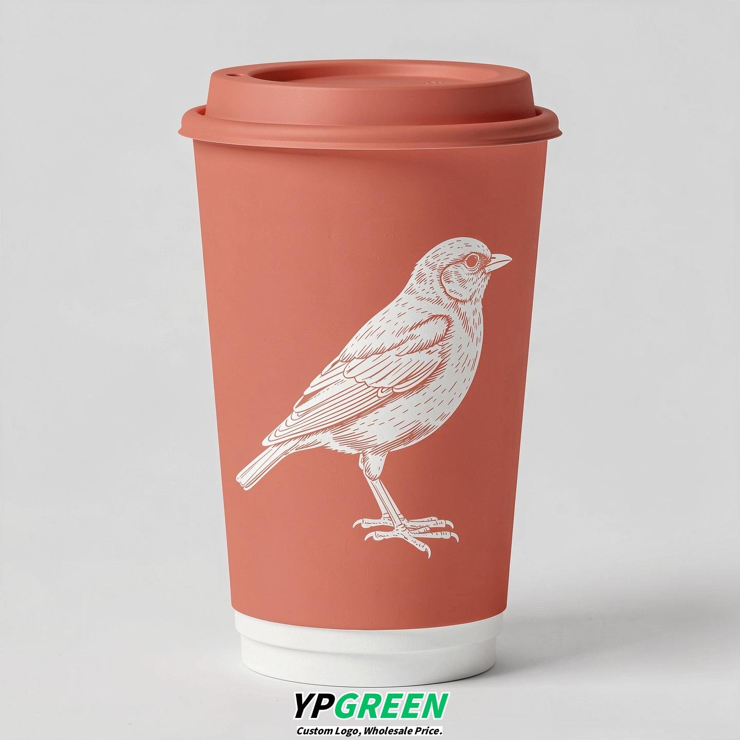 Coral Paper Cups with Bird Logo & Lids 8-24oz