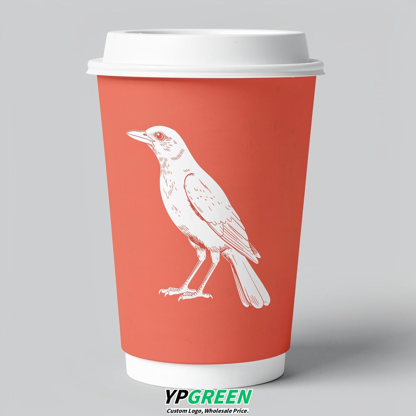 Coral Paper Cups with Bird Logo & Lids 8-24oz