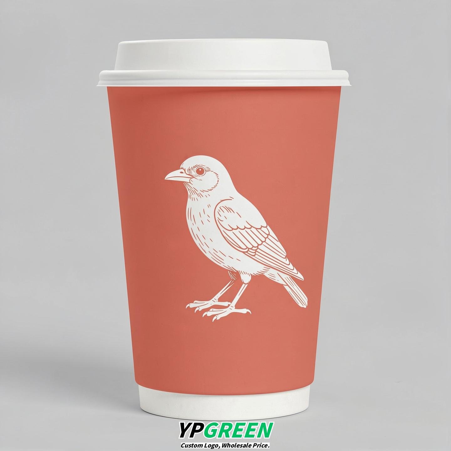 Coral Paper Cups with Bird Logo & Lids 8-24oz