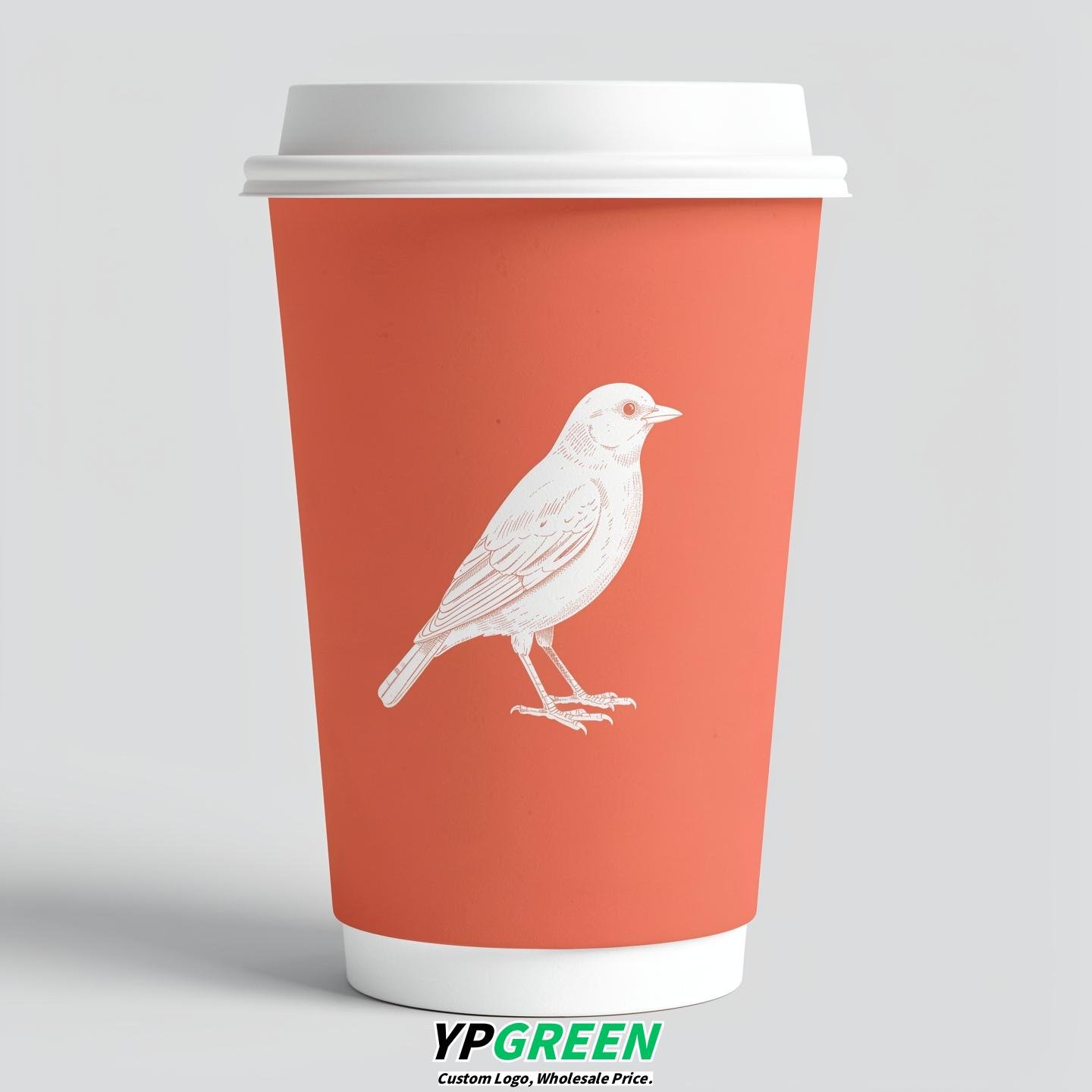 Coral Paper Cups with Bird Logo & Lids 8-24oz