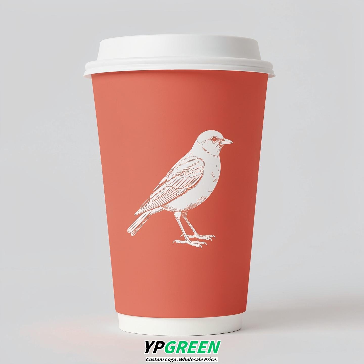 Coral Paper Cups with Bird Logo & Lids 8-24oz