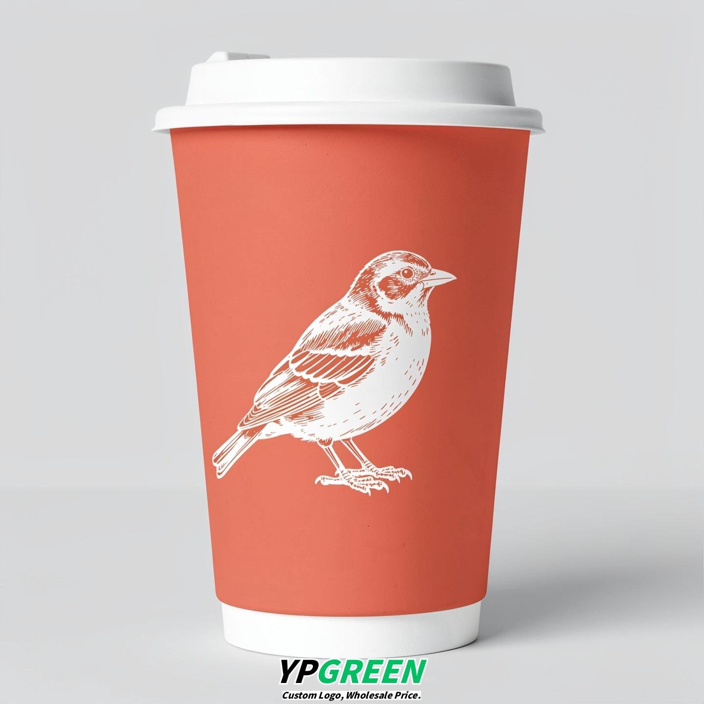Coral Paper Cups with Bird Logo & Lids 8-24oz