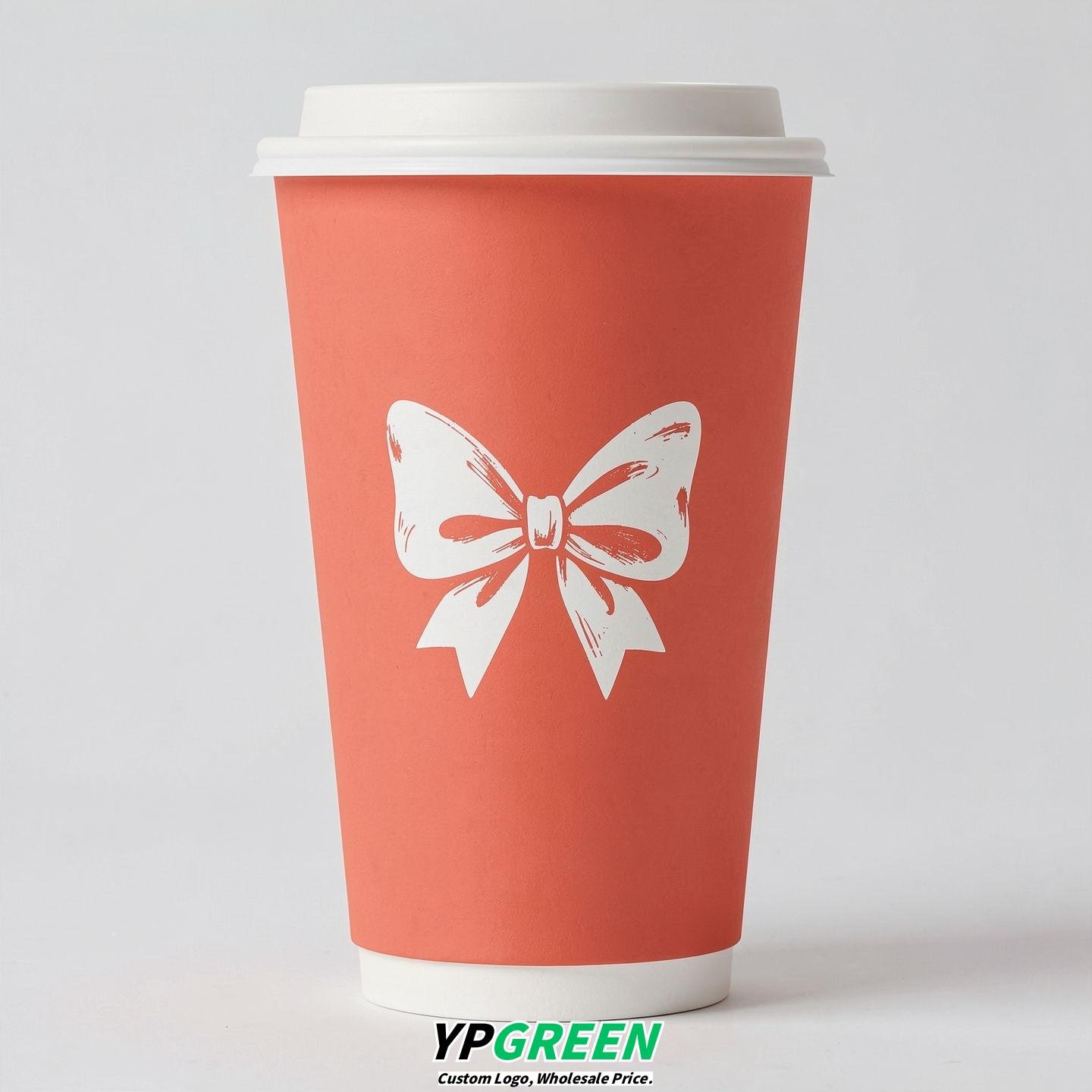 Coral Paper Cups with Bow Logo & Lids 8-24oz
