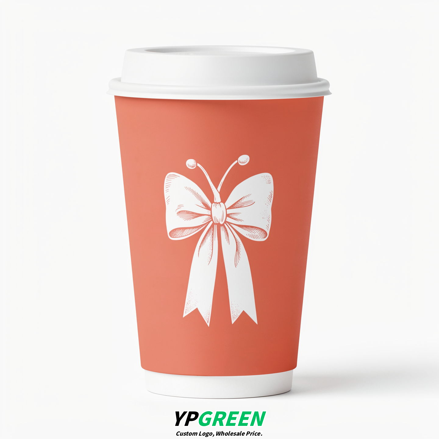 Coral Paper Cups with Bow Logo & Lids 8-24oz
