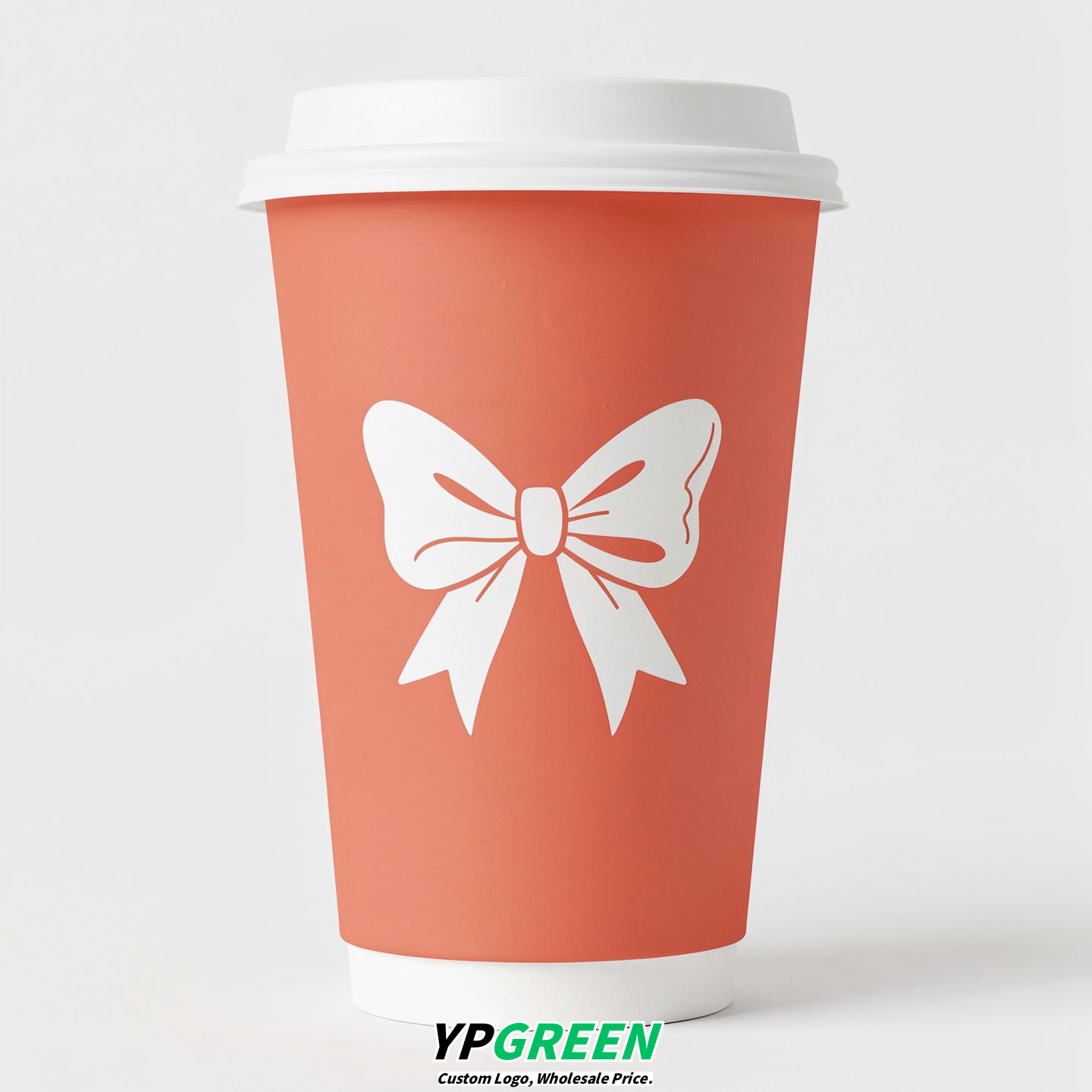 Coral Paper Cups with Bow Logo & Lids 8-24oz
