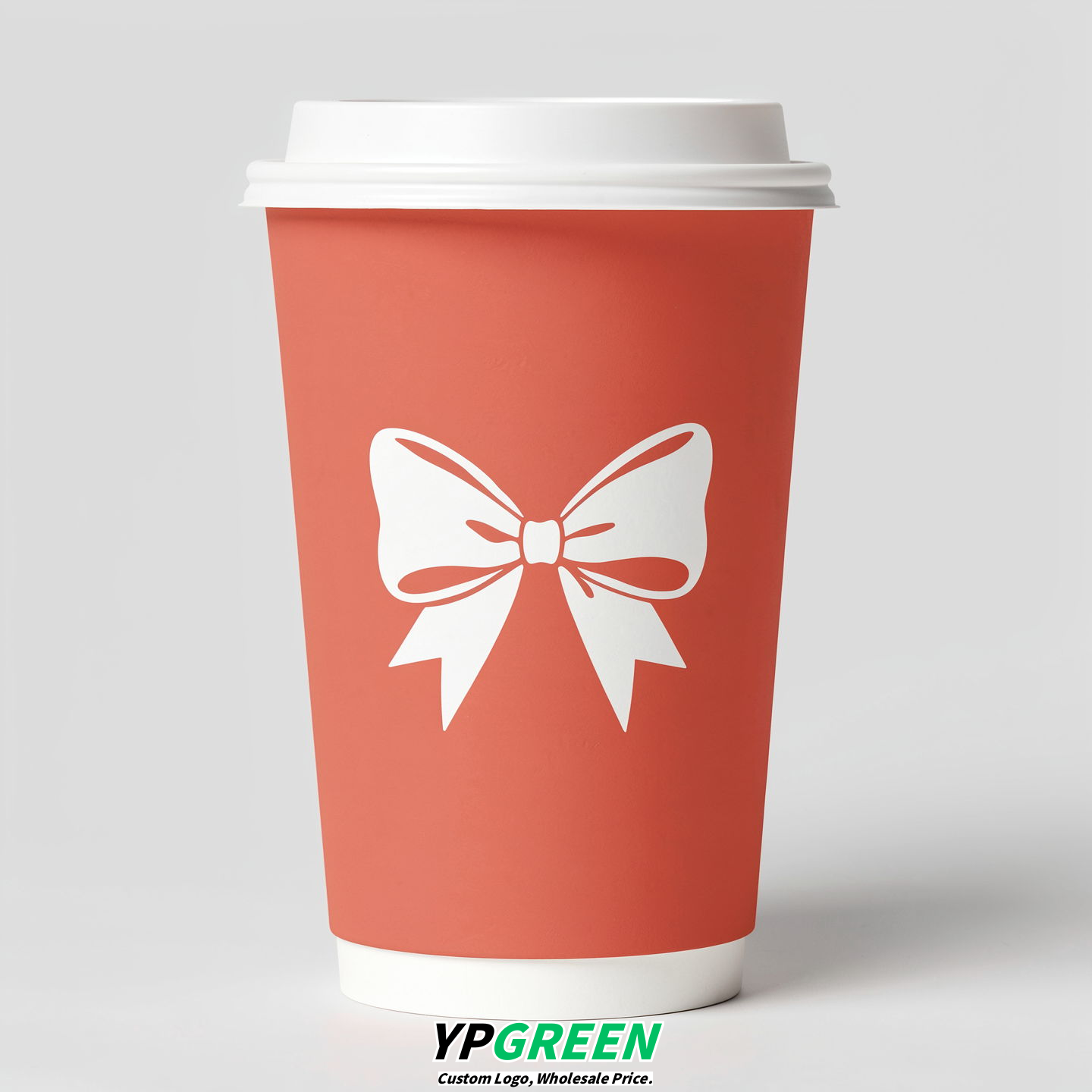 Coral Paper Cups with Bow Logo & Lids 8-24oz