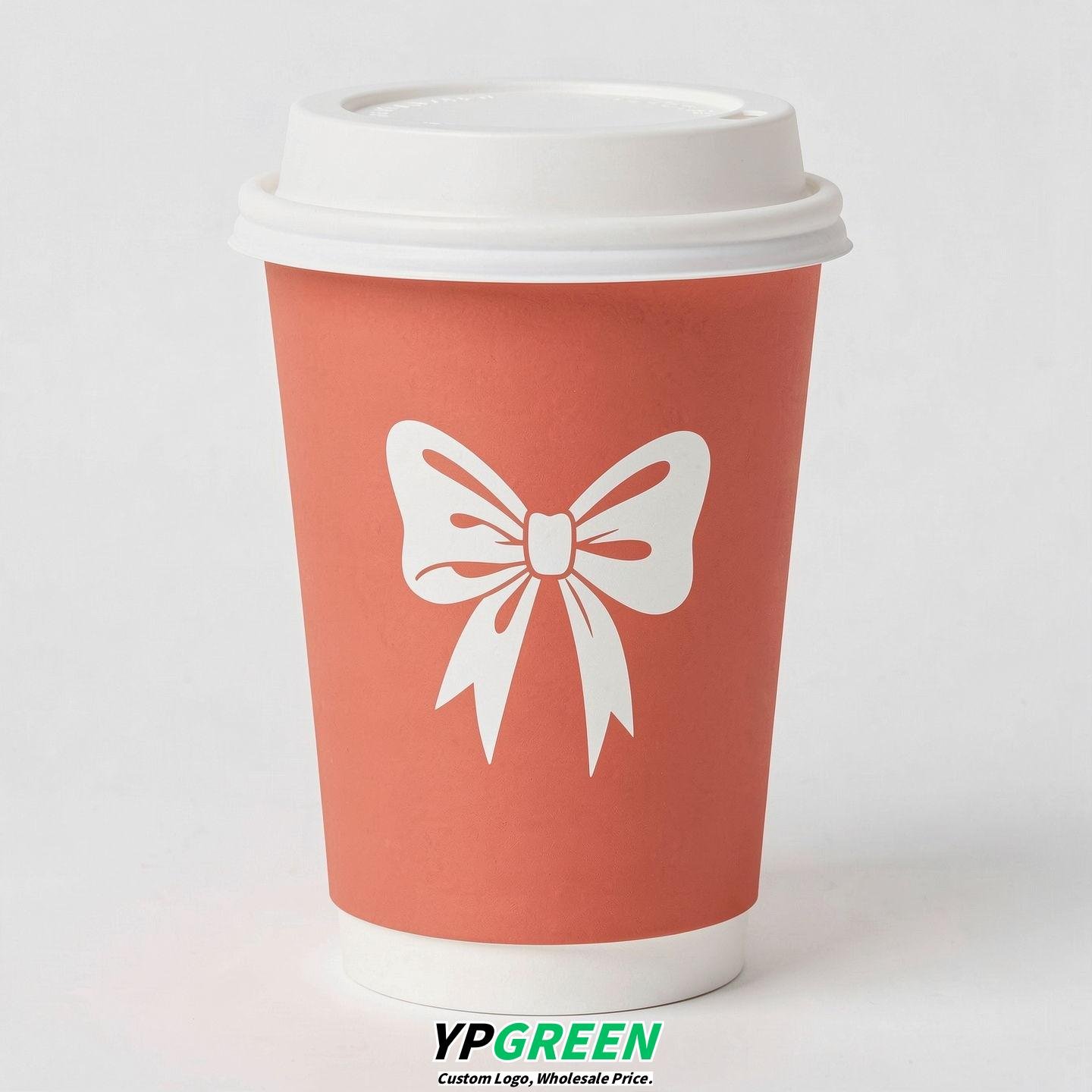 Coral Paper Cups with Bow Logo & Lids 8-24oz