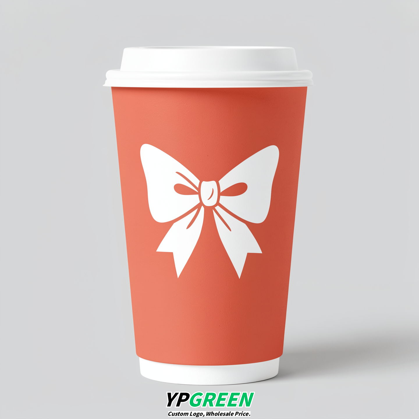 Coral Paper Cups with Bow Logo & Lids 8-24oz