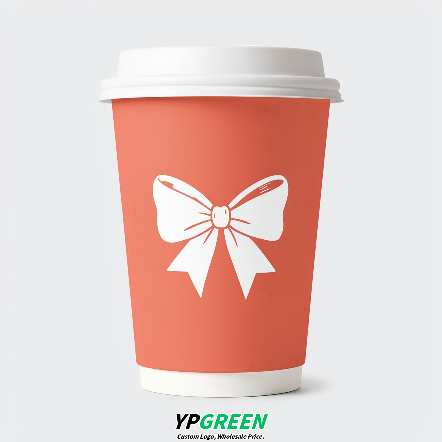 Coral Paper Cups with Bow Logo & Lids 8-24oz