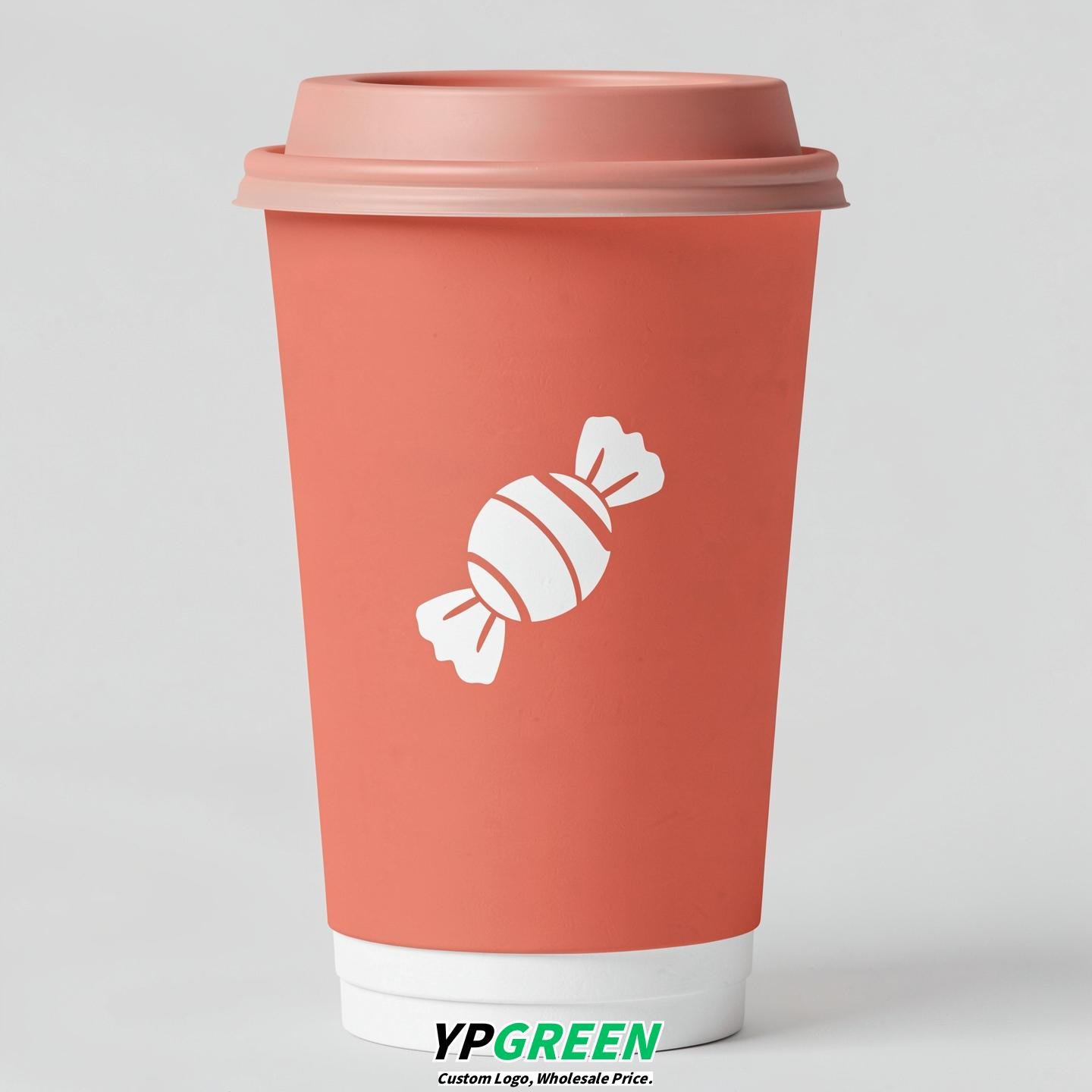Coral Paper Cups with Candy Logo & Lids 8-24oz