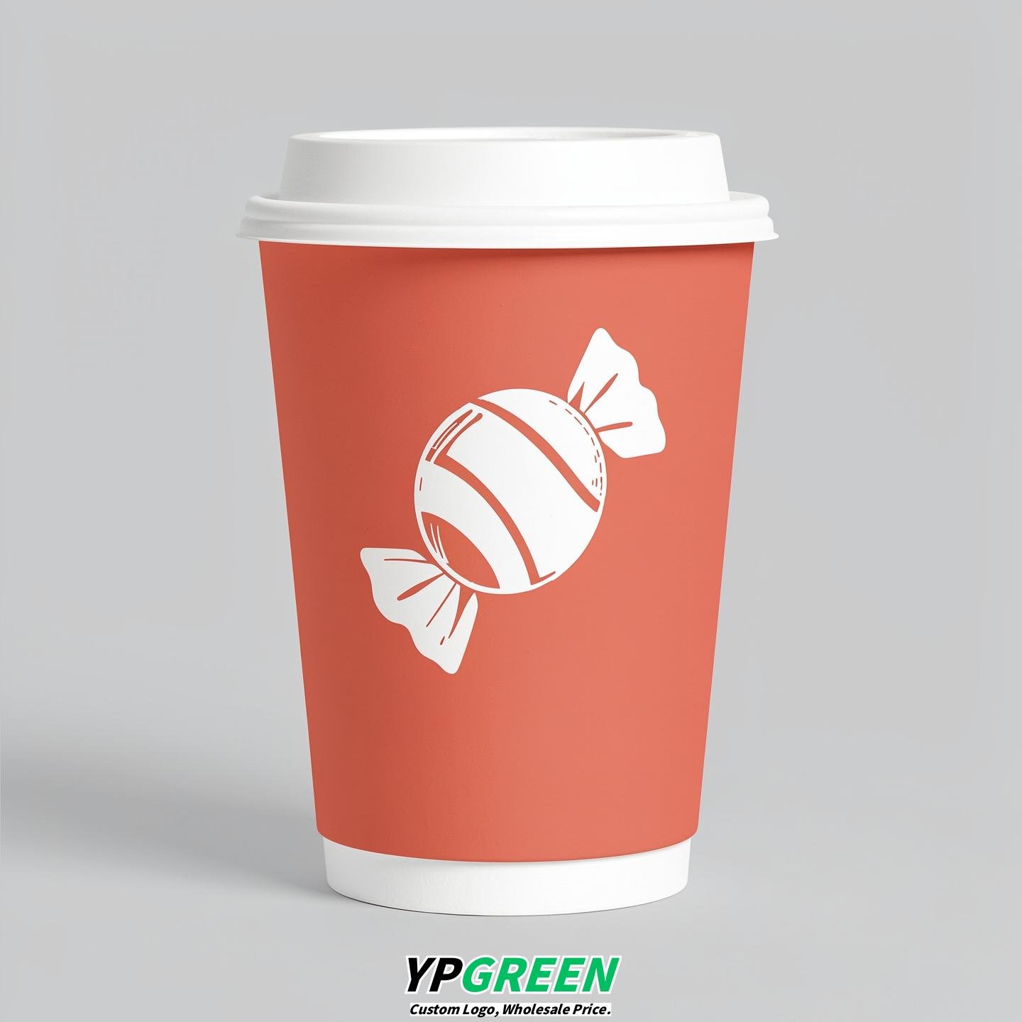 Coral Paper Cups with Candy Logo & Lids 8-24oz