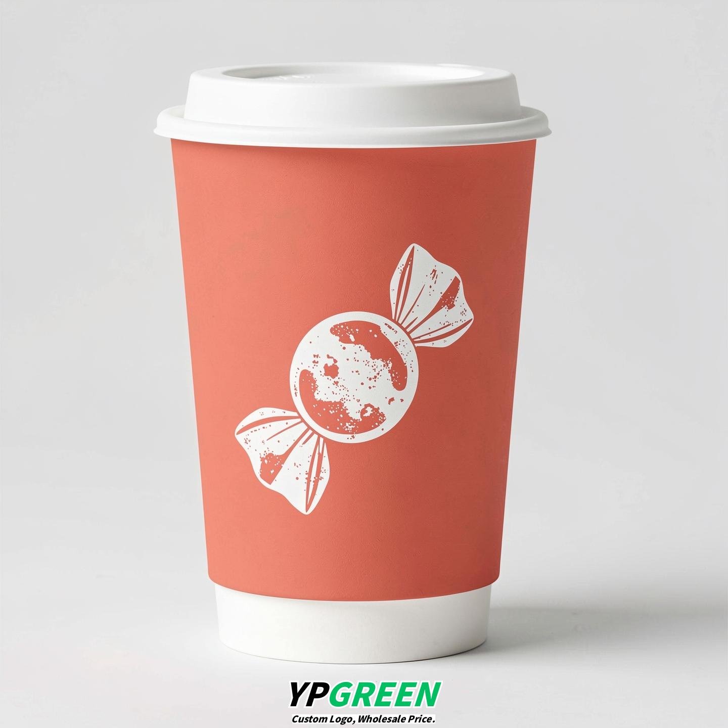 Coral Paper Cups with Candy Logo & Lids 8-24oz