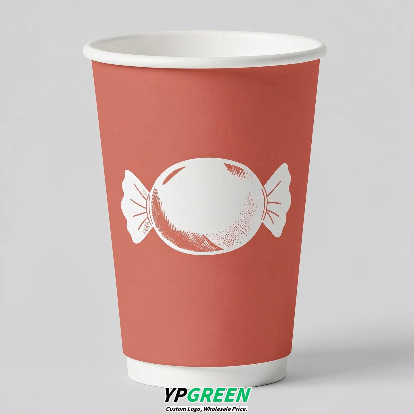 Coral Paper Cups with Candy Logo & Lids 8-24oz
