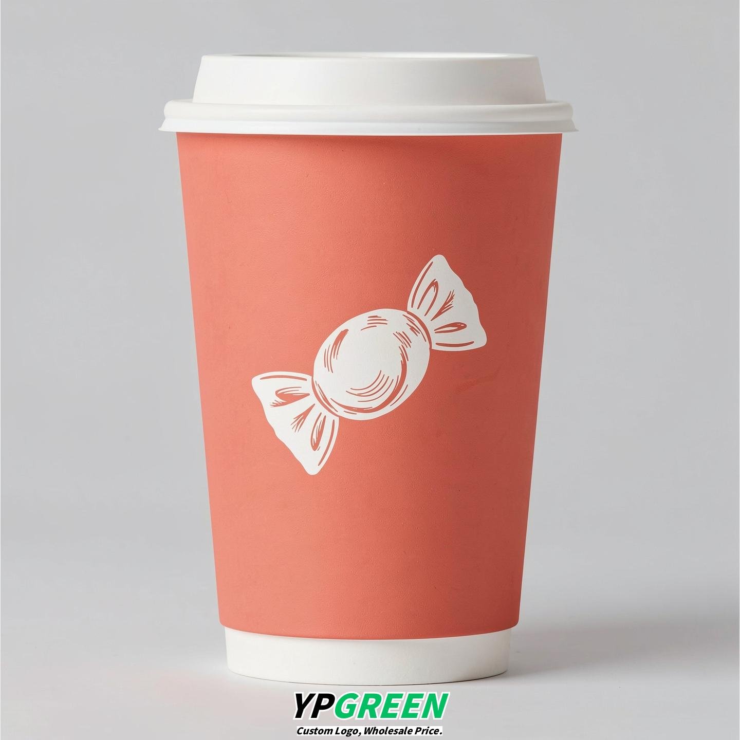 Coral Paper Cups with Candy Logo & Lids 8-24oz