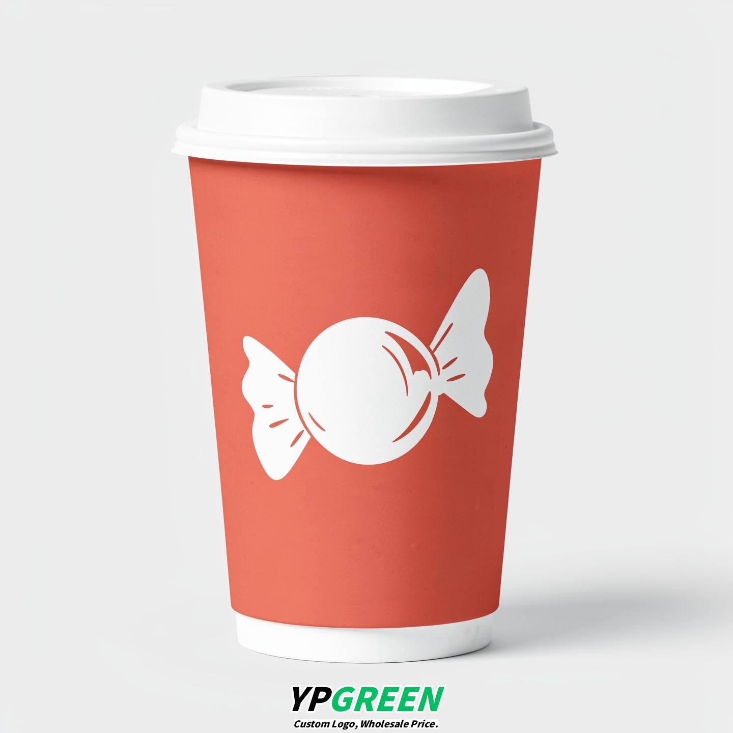 Coral Paper Cups with Candy Logo & Lids 8-24oz