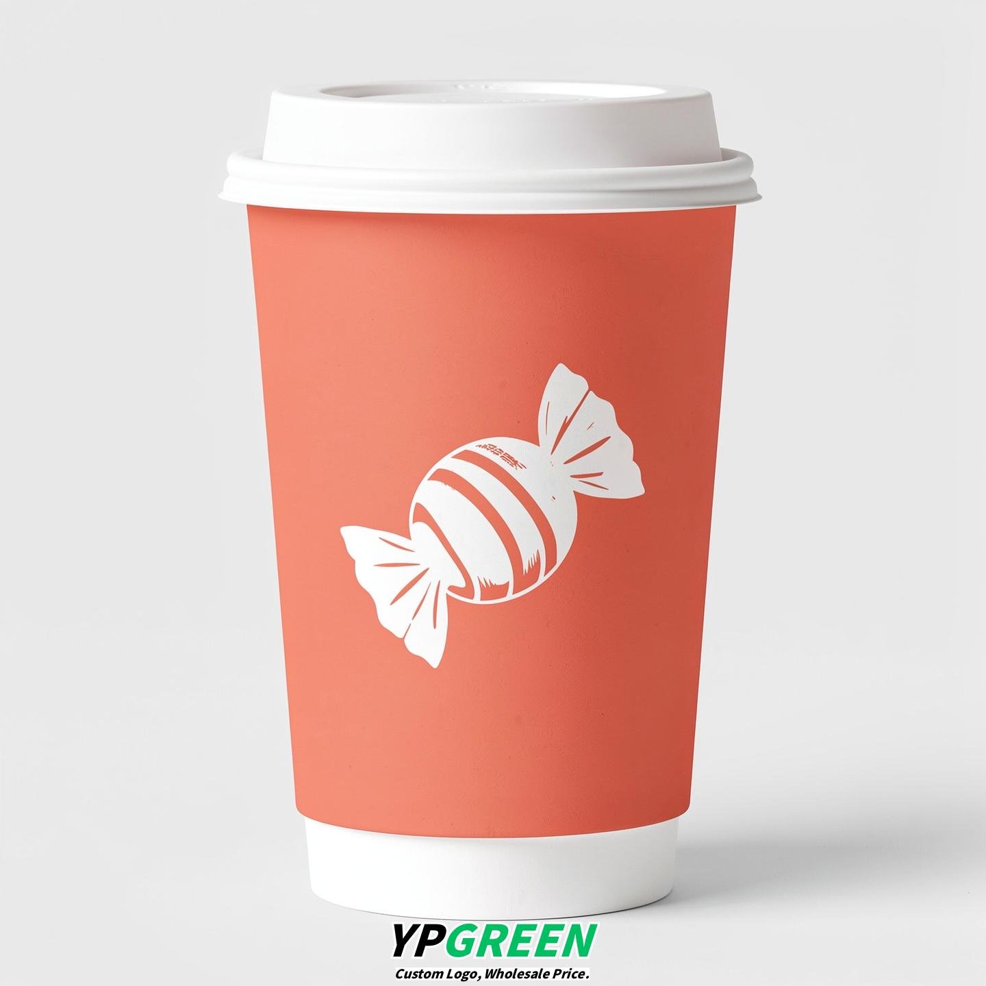 Coral Paper Cups with Candy Logo & Lids 8-24oz
