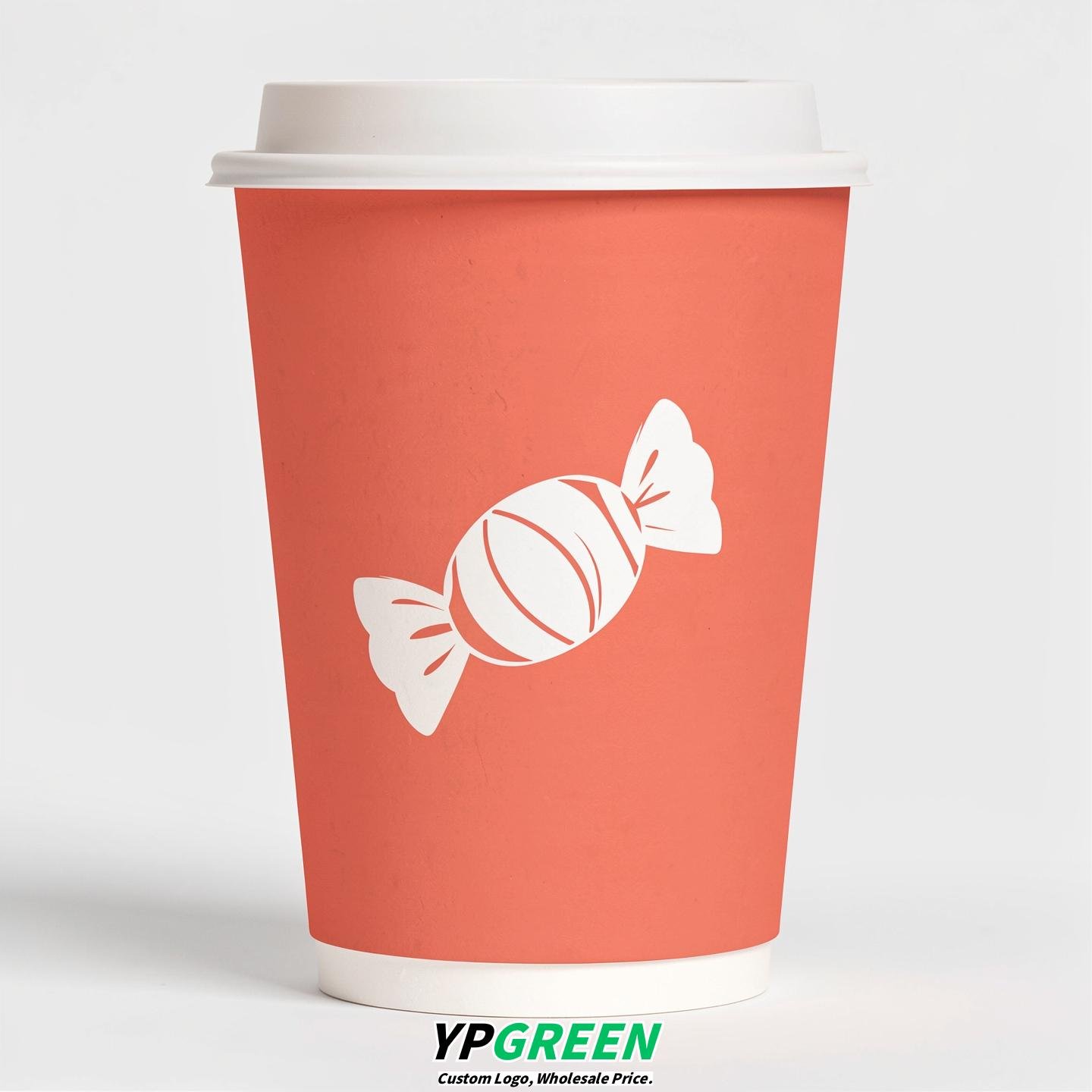 Coral Paper Cups with Candy Logo & Lids 8-24oz