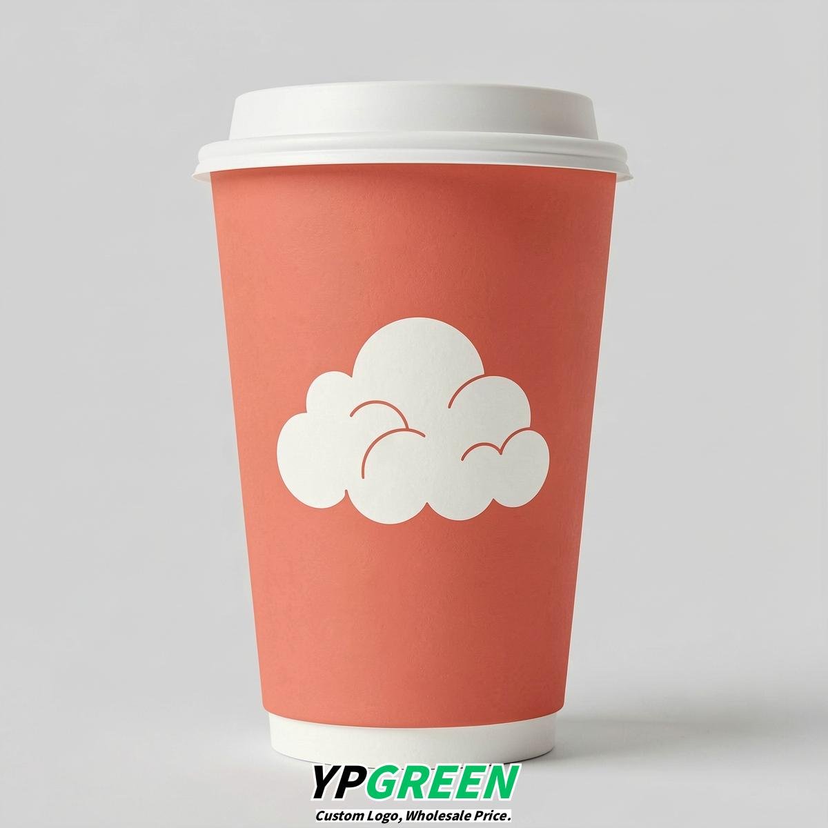 Coral Paper Cups with Clouds Logo & Lids 8-24oz